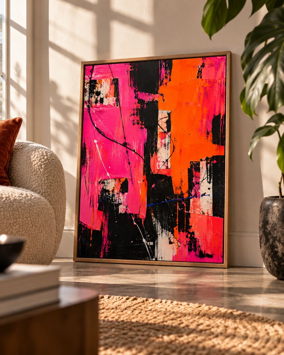 Großformatiges abstraktes Leinwandbild in leuchtendem Pink, Orange, Schwarz und Weiß mit expressiven Pinselstrichen und rauen Strukturen. Im Holzrahmen an eine helle Wand neben einem Bouclé-Sofa gelehnt. Kollektion BEAUTIFUL DAMAGE von OBJEKT NO. 7.