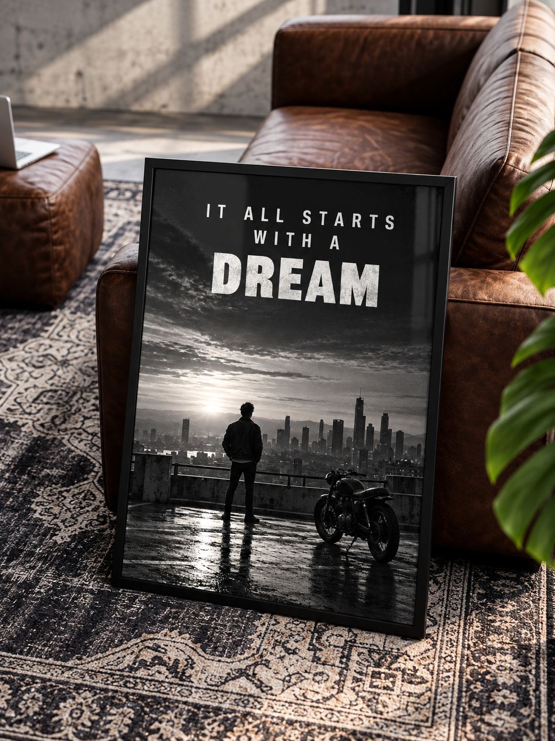 Gerahmter Kunstdruck mit dem Spruch IT ALL STARTS WITH A DREAM von OBJEKT NO. 7 in einem gemütlichen Wohnzimmer.